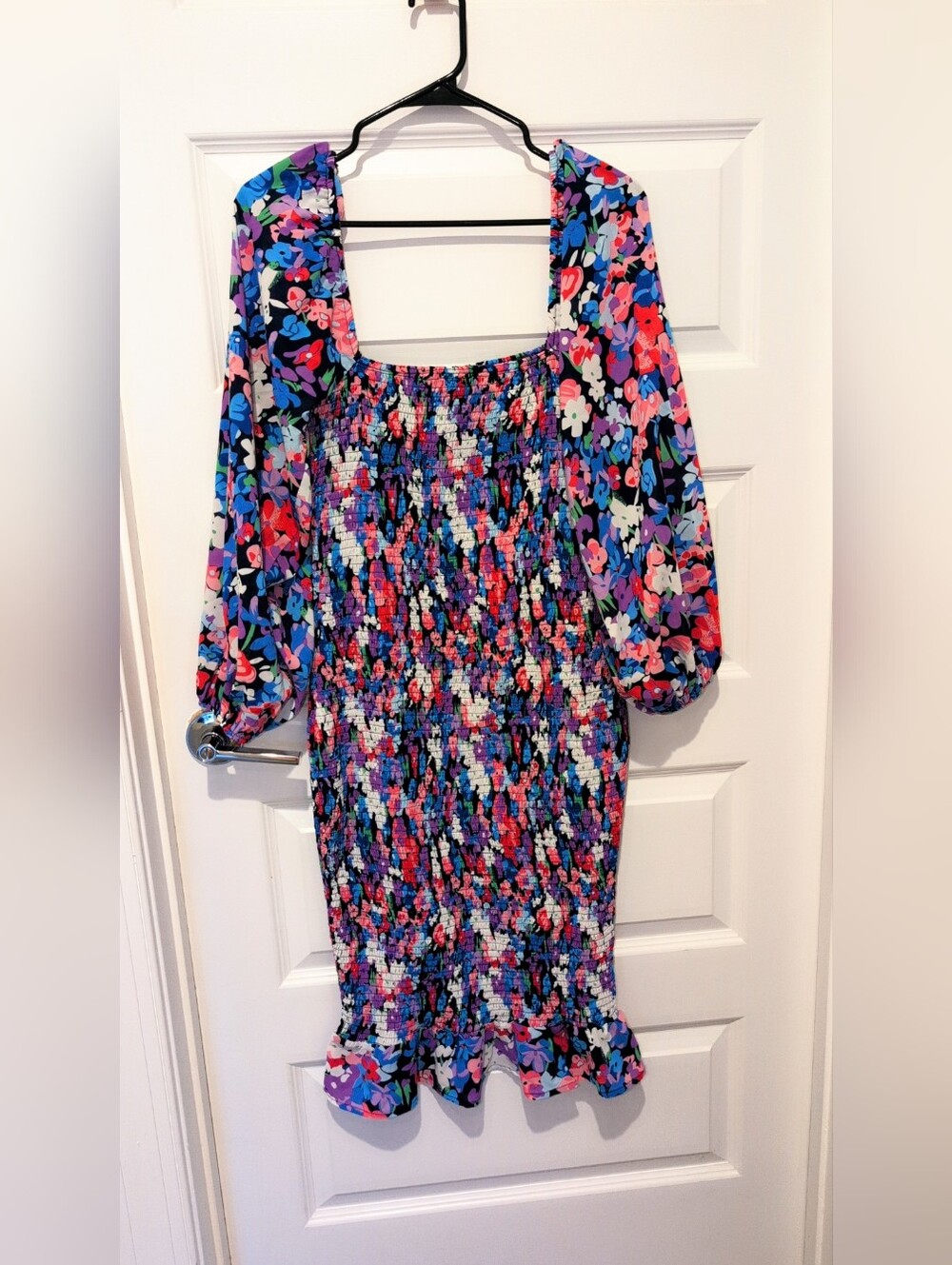 Colorful Floral Shirred Square-Neck Dress